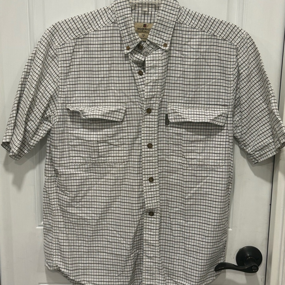 Woolrich Chamois Button Up Shirt Mens Size Medium Blue Check Short Sleeve